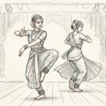 Two female dancers in traditional Indian attire performing classical dance poses.