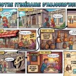 Comic strip showing a day's itinerary with visits to museums, a restaurant, a distillery, and a bistro