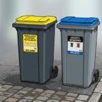 Two gray waste bins with yellow and blue lids for recyclable and household waste, placed on a street sidewalk.