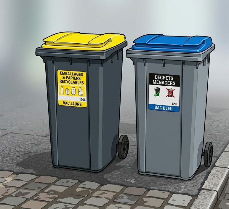 Two gray waste bins with yellow and blue lids for recyclable and household waste, placed on a street sidewalk.